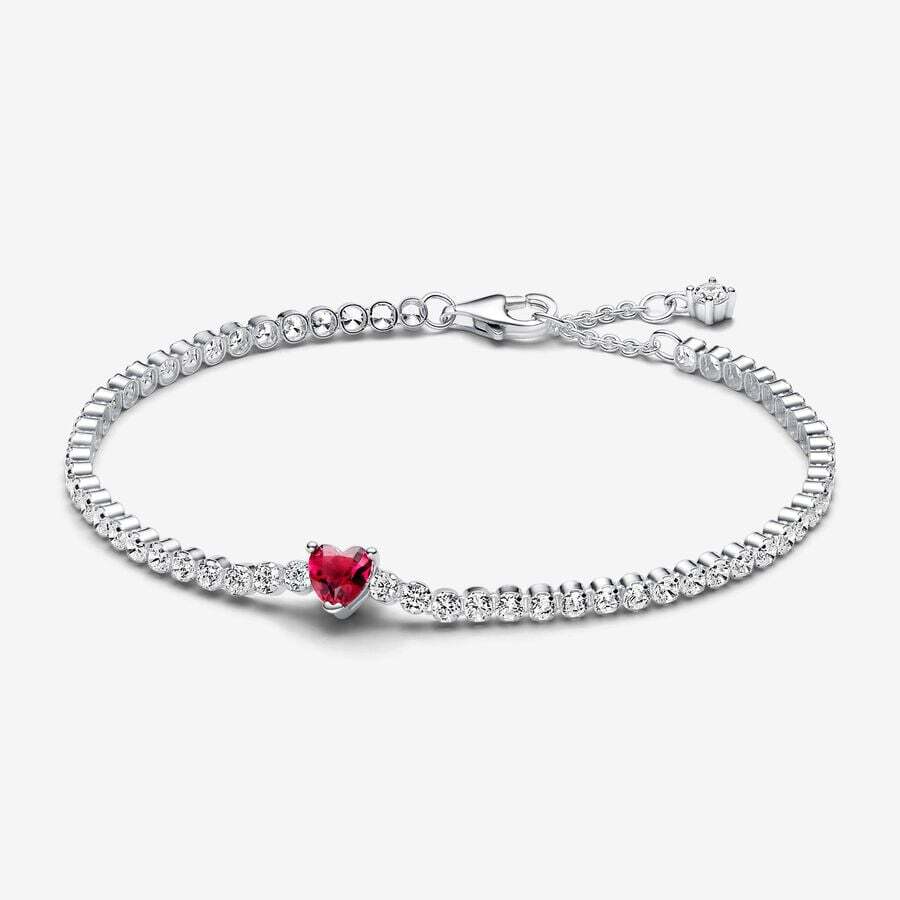 Bracelet tennis coeur scintillant rouge, argent, zircons incolores, cristal rouge - 590041C02-16 - Pandora