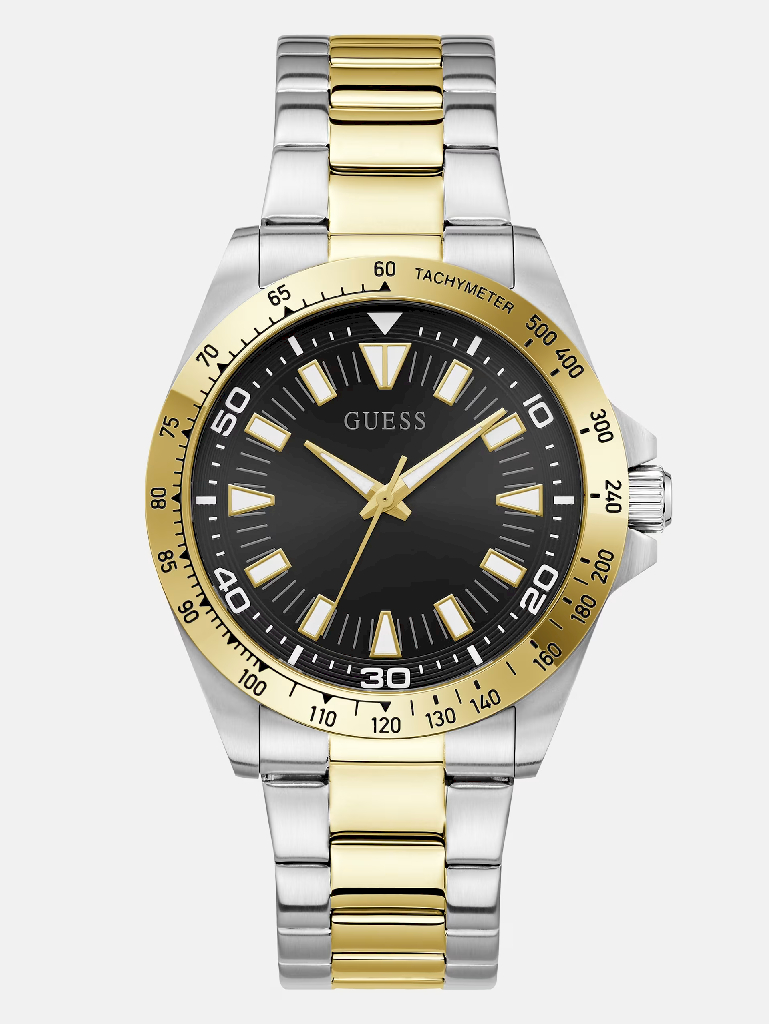 Montre acier inoxydable 2 tons (blanc et jaune), fond noir