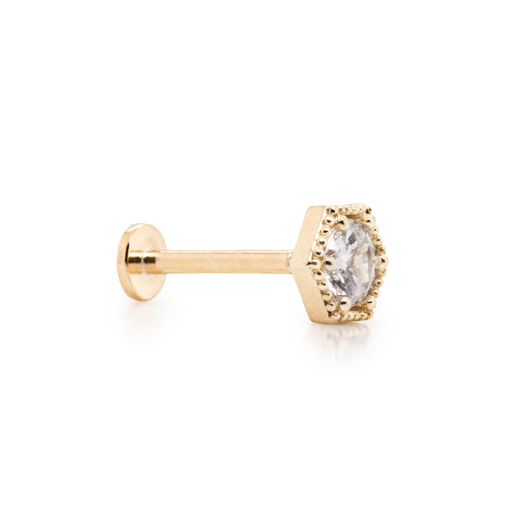 Boucle d'oreille fixe vissée hexagonale (seule), or jaune 14 carats, zircon incolore - GE-14-1027 - Exclusivités