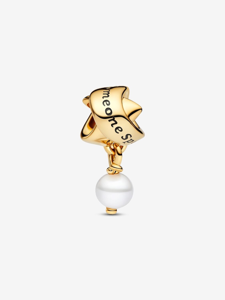 Bille ruban, métal unique plaqué d'or 14 carats, perle d'eau douce, émail noir - 763784C01 - Pandora