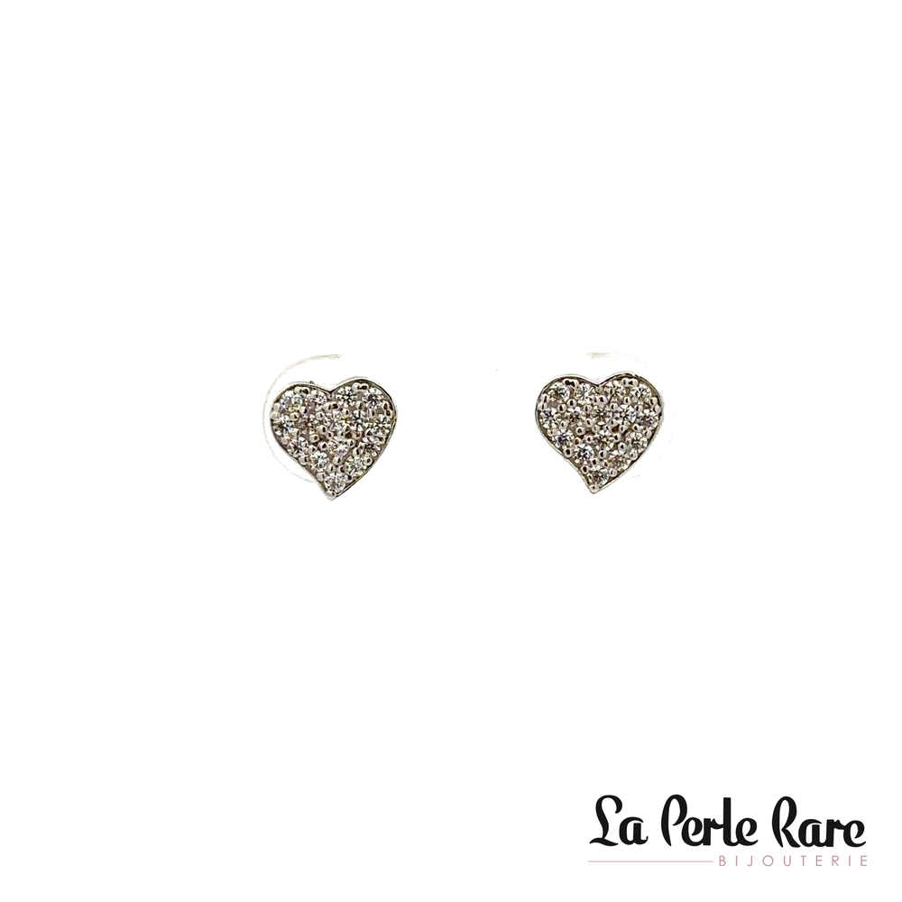 Boucles d'oreilles fixes coeurs, or blanc 10 carats, zircons incolores - EDG-3-B - Exclusivités