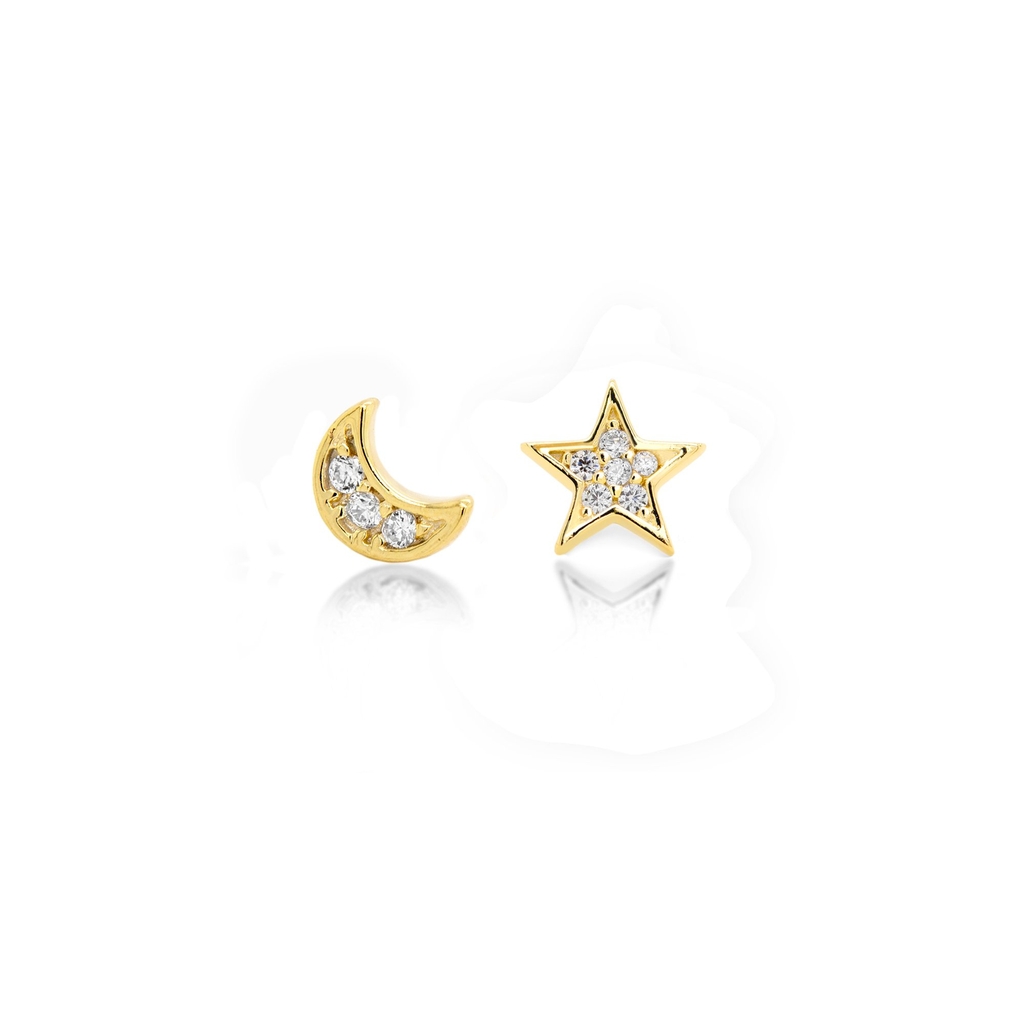 Boucles d'oreilles fixes étoile et lune argent doré, zircons incolores
