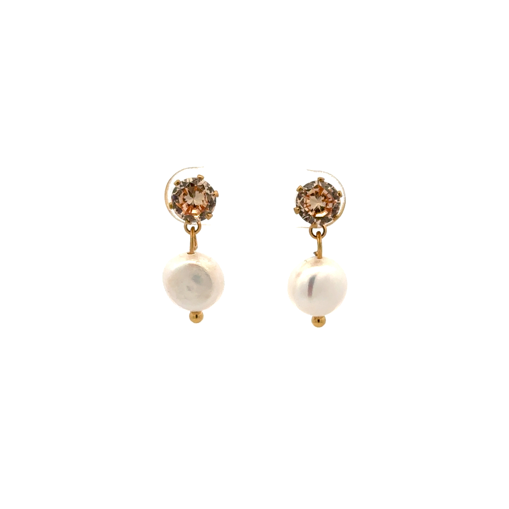 Bo pendantes acier doré, perles d'eau douce, zircons champagnes