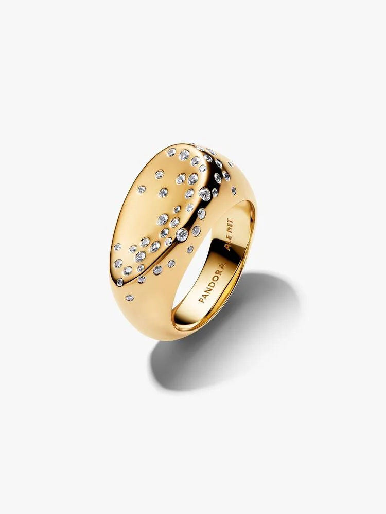 Bague chevalière dome, métal unique plaqué d'or 14 carats, zircons incolores