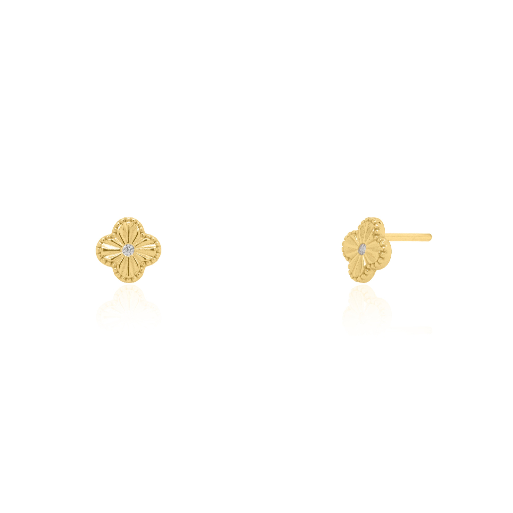 Boucles d'oreilles fixes de style Van Cleef, argent finition or jaune, zircons incolores - ST-1668-G - Exclusivités