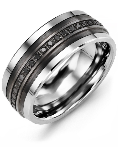 Jonc tungstène, argent sterling noirci, 15 points de diamants noirs total, 9 millimètres pour homme