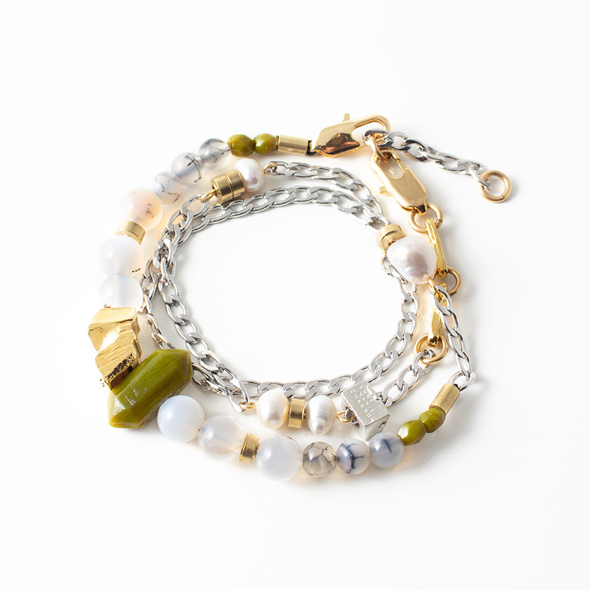 Bracelet étain, or 22kt, perles, verre - OSAKA-OLIVE - Anne-marie Chagnon