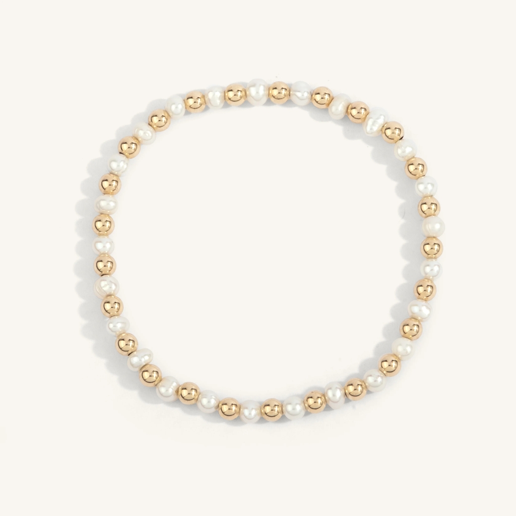 Bracelet extensible, métal doublé d'or 14 carats, perles, 4 millimètres