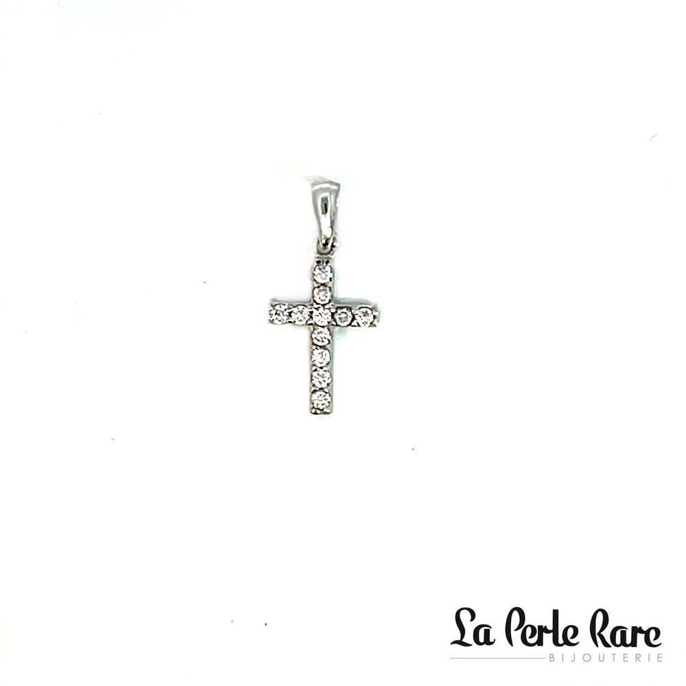 Pendentif croix, or blanc 10 carats, zircons incolores - PAT-189-B - Exclusivités