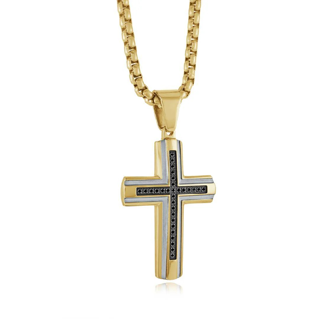 Veloria two tone stainless steel cross necklace, black zirconia