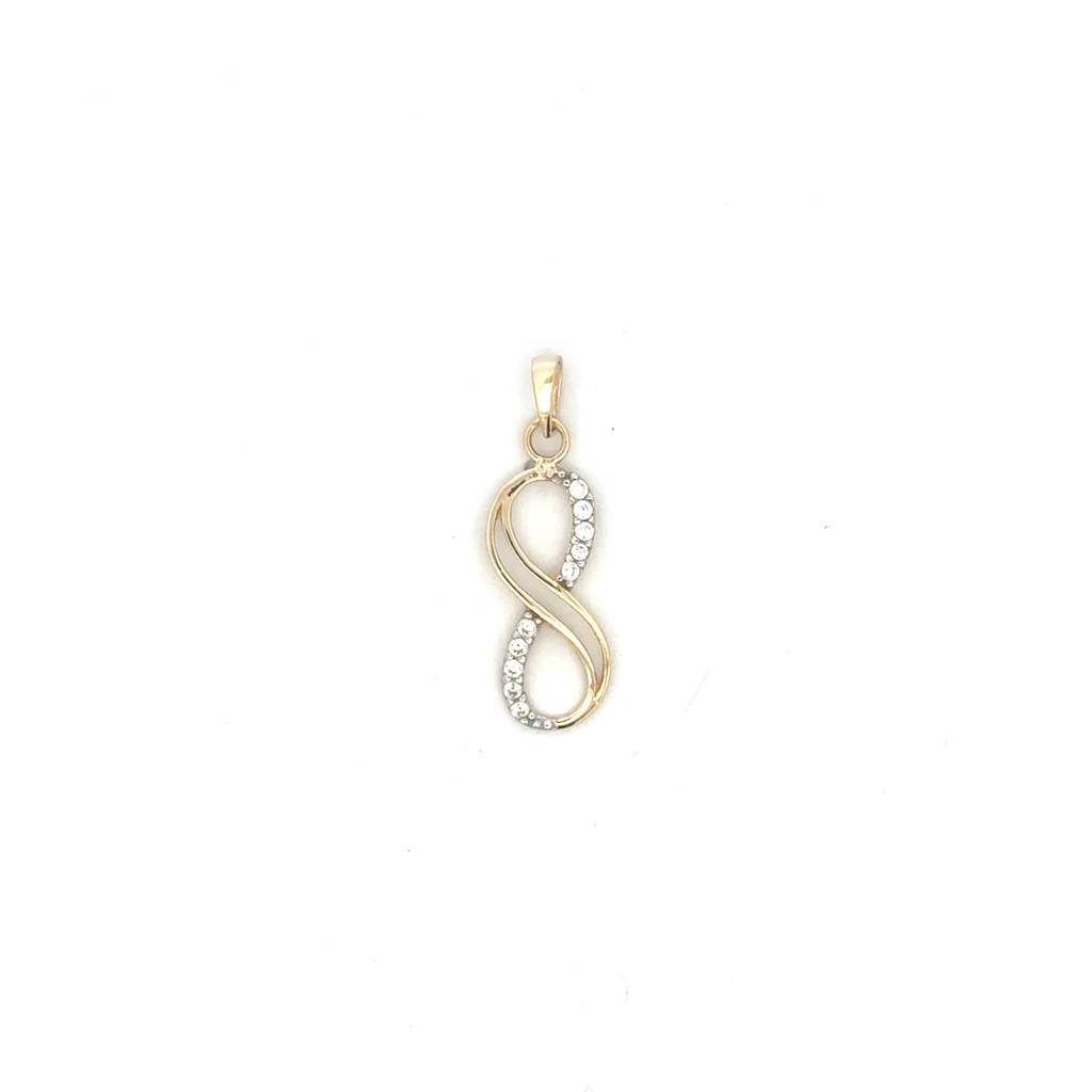 Pendentif symbole de l'infini, or jaune 10 carats, zircons incolores