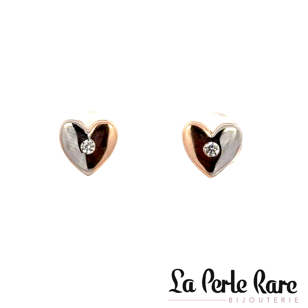 Boucles d'oreilles fixes coeurs, or 2 tons (rose/blanc) 10 carats, zircons incolores - EOZ-681-2TR - Exclusivités