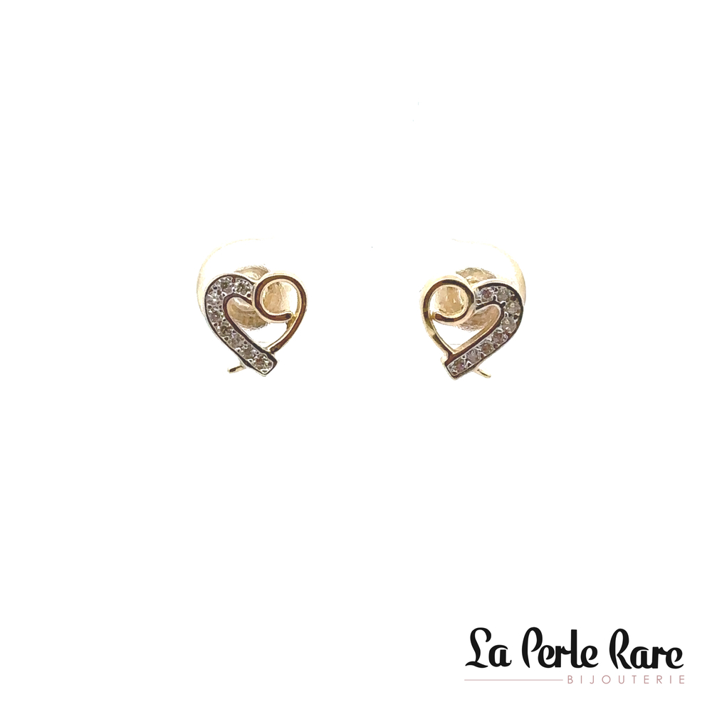 Boucles d'oreilles fixes coeurs, or 2 tons (jaune/blanc) 10 carats, zircons incolores - EOZ-1092-2T - Exclusivités