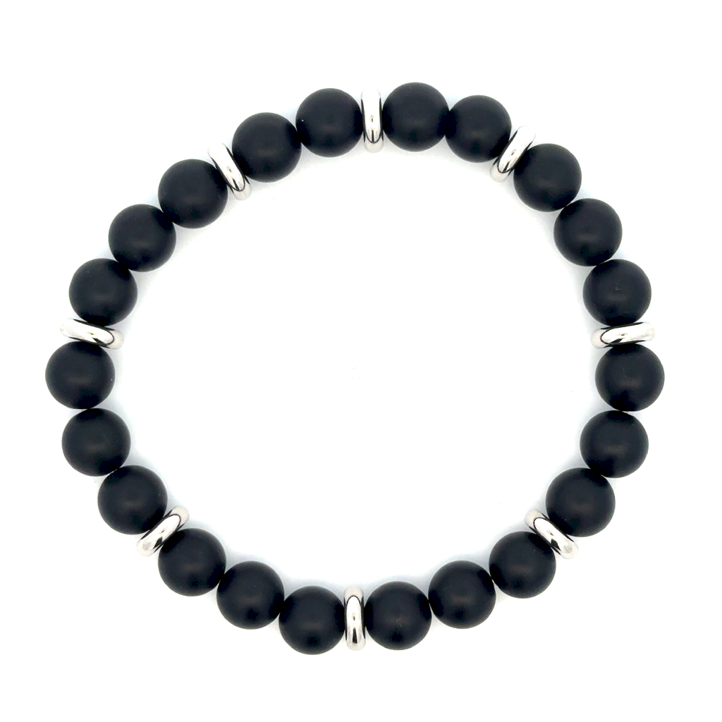 Bracelet extensible, acier inoxydable, onyx 8 millimètres