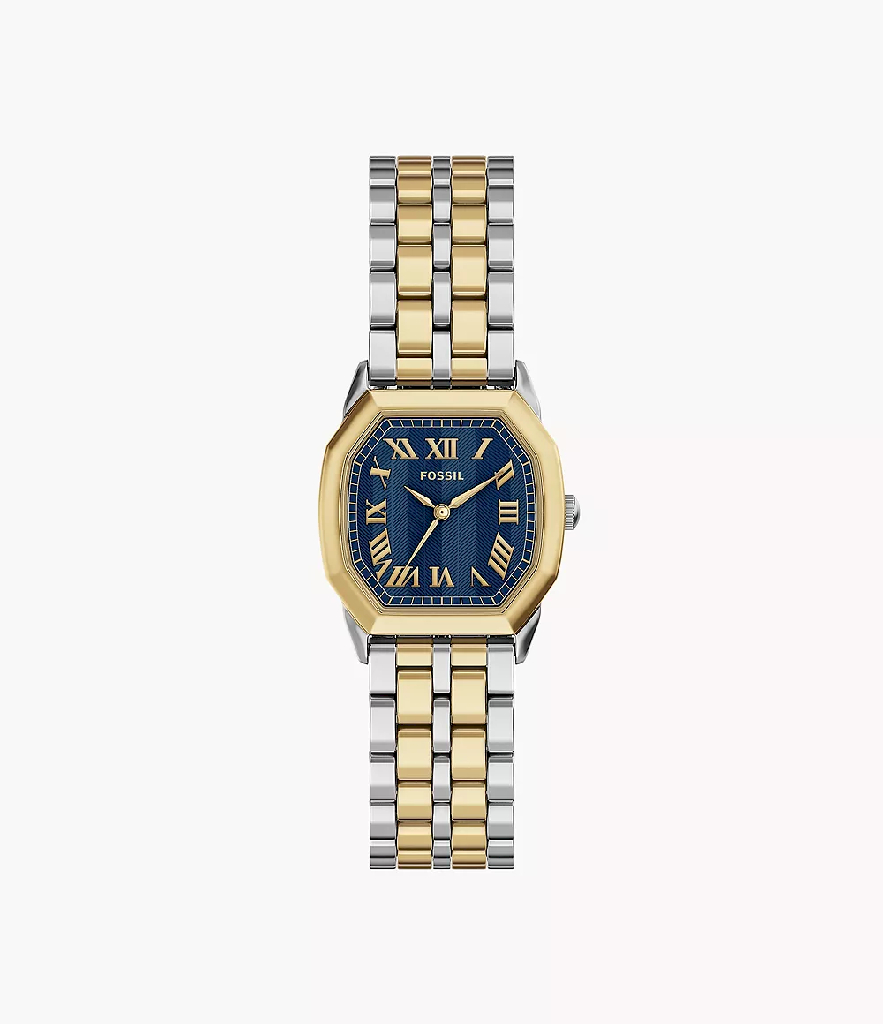Montre Fossil octogonale acier inoxydable deux tons blanc et jaune, cadran noir