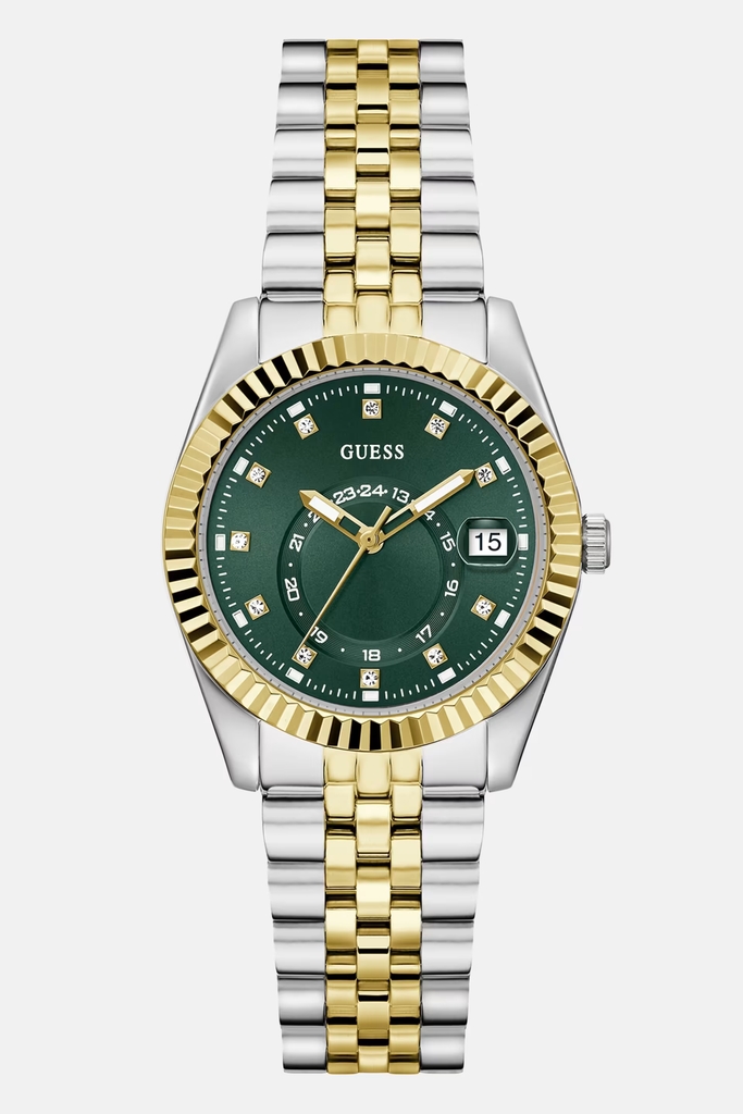 Montre acier inoxydable 2 tons (blanc et jaune), fond vert, zircons incolores