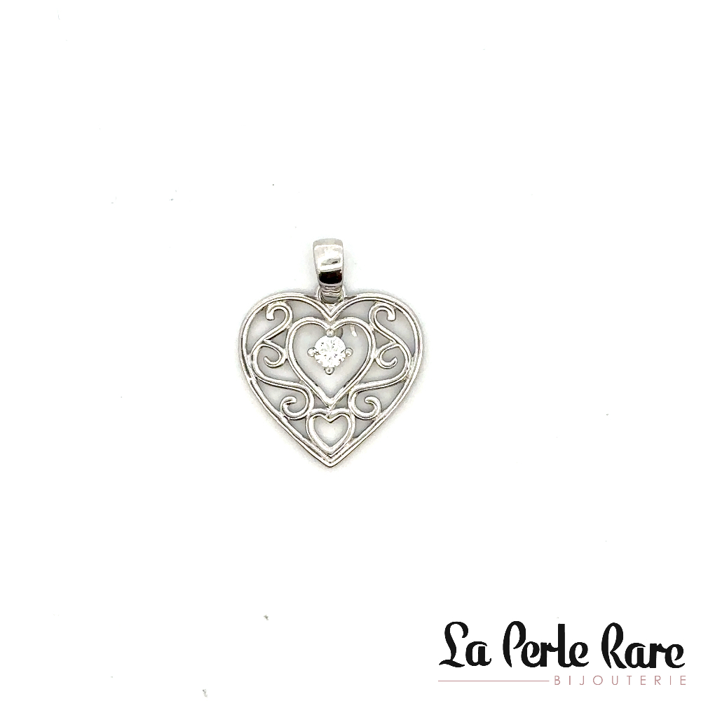 Pendentif coeur, or blanc 10 carats, zircon incolore - PAZ-1242-B - Exclusivités