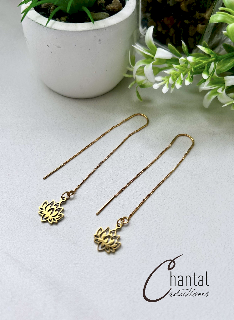 Boucles d'oreilles chaînette Shany lotus doré, acier inoxydable doré