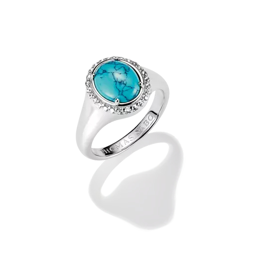 Bague ronde, argent, imitation turquoise, zircons incolores