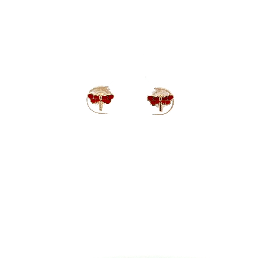 Boucles d'oreilles fixes vissées libellules or jaune 10 carats, émail rouge et orange - 1918 - ExclusivitÉs