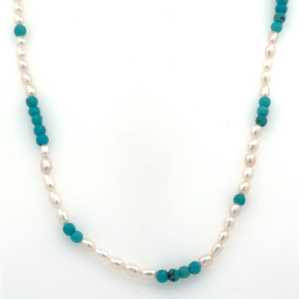 Collier perles, turquoises, fermoir argent Collier perles, turquoises, fermoir argent