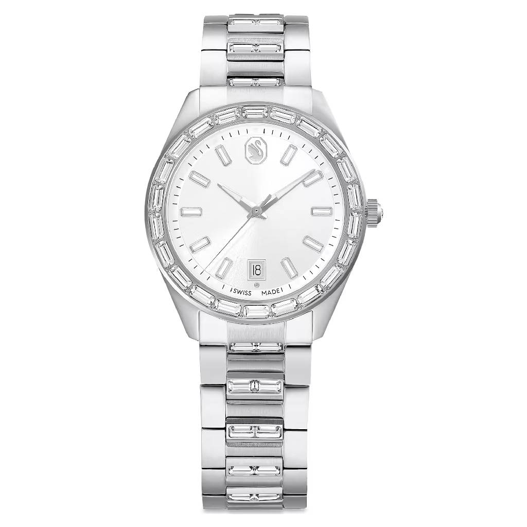 Montre Matrix, métal, cristaux incolores, fond blanc