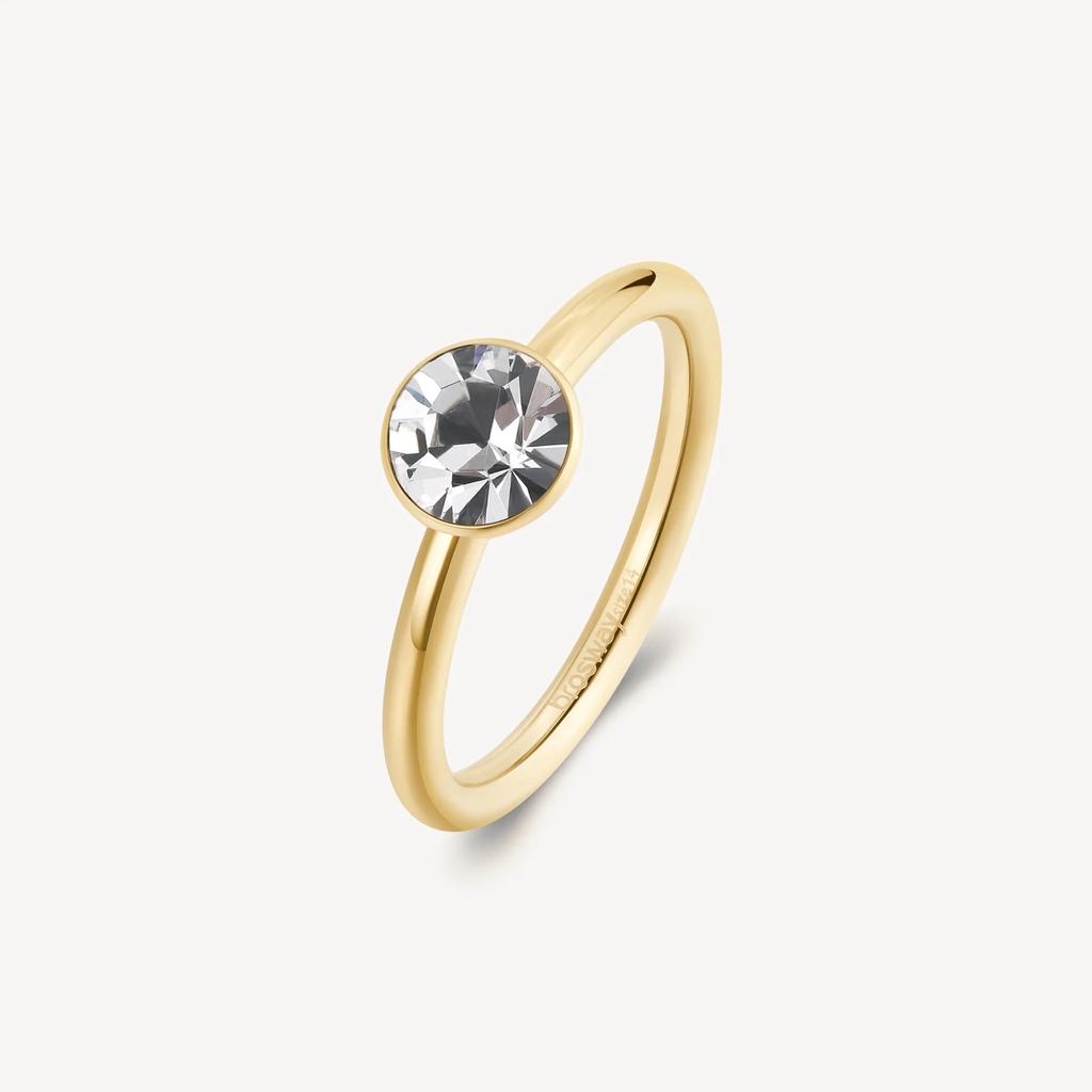 Bague solitaire Symphonia, acier inoxydable doré, zircon incolore