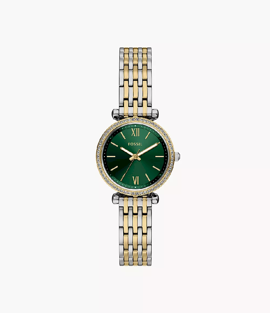 Montre acier inoxydable 2 tons (blanc et jaune), fond vert, zircons incolores