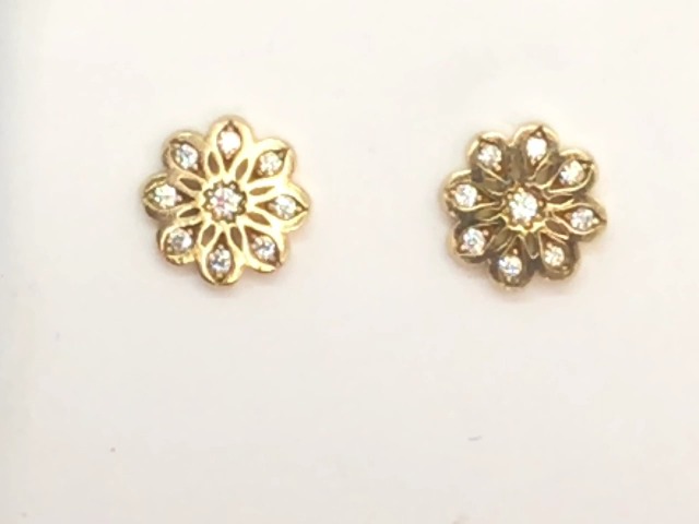 Boucles d'oreilles fixes fleurs, or jaune 14 carats, zircons incolores - 1259 - Exclusivités