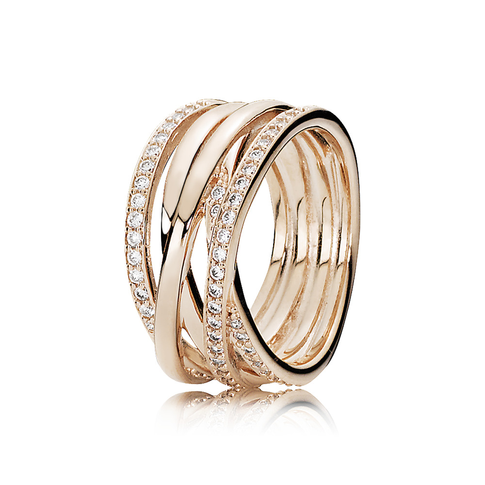 Bague ligne scintillantes et polies, métal unique plaqué d'or rose 14 carats, zircons incolores Bague ligne scintillantes et polies, métal unique plaqué d'or rose 14 carats, zircons incolores