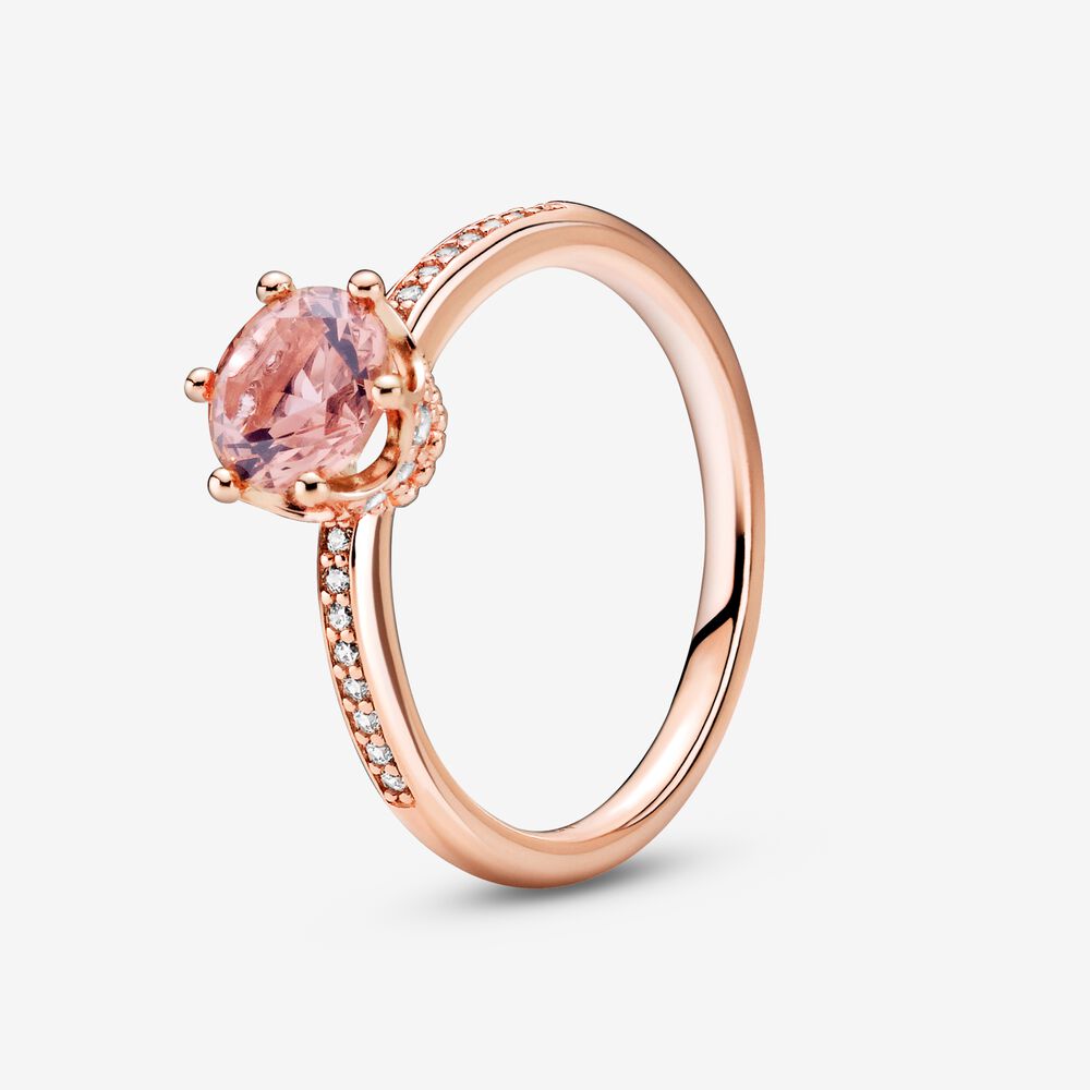 Bague solitaire scintillante, métal unique plaqué d'or rose 14 carats, cristal rose, zircons incolores