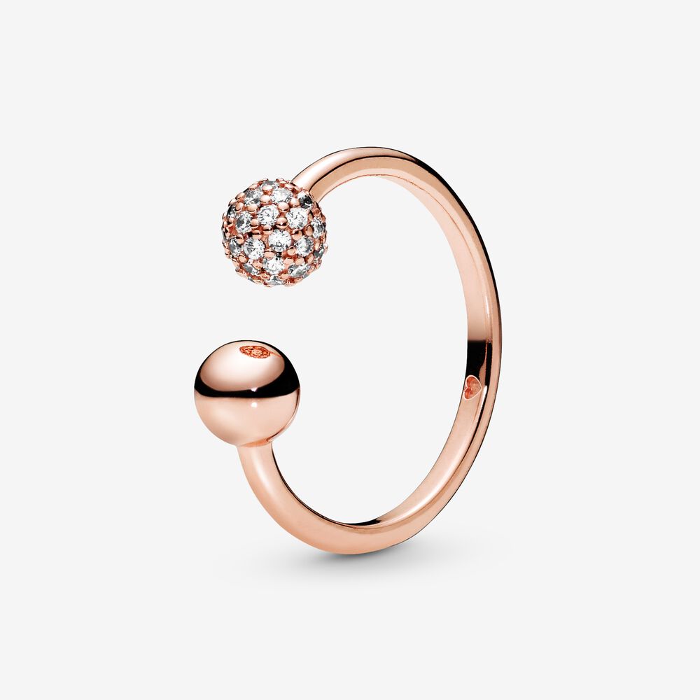 Bague ouverte sphère polie, métal unique plaqué d'or rose 14 carats, zircons incolores