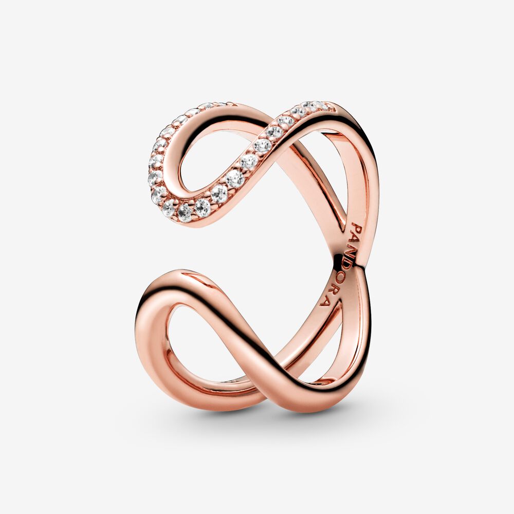 Bague ouverte infini, métal unique plaqué d'or rose 14 carats, zircons incolores
