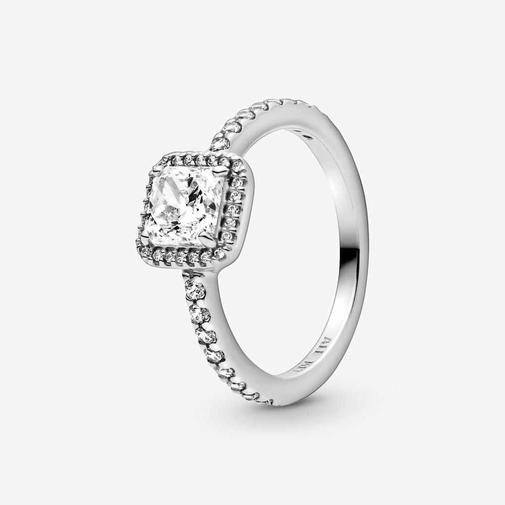 Bague halo carré scintillant, argent, zircons incolores