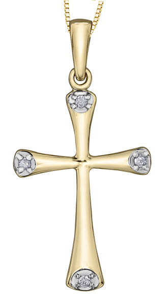 Pendentif croix, or jaune 10 carats, 3 points de diamants total