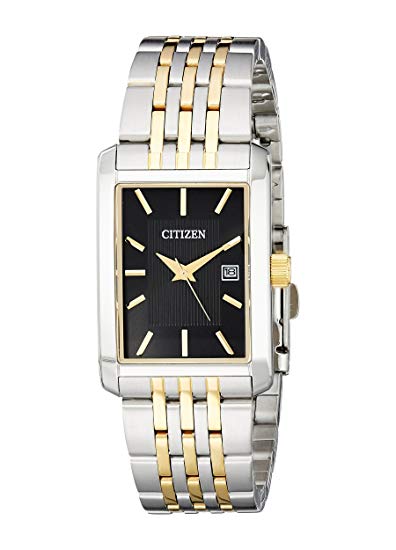 Montre rectangulaire, acier inoxydable 2 tons (blanc et jaune), fond noir - BH1678-56E - Citizen