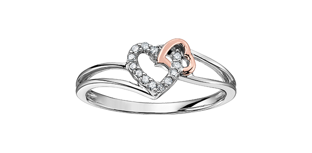 Bague coeurs, or 2 tons (blanc et rose) 10 carats, 5 points de diamant total - DD2589 - Corona