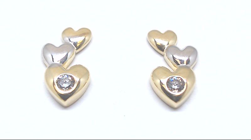 Boucles d'oreilles fixes coeurs, or 2 tons (jaune/blanc) 10 carats, zircons incolores - EMDD01-1873-2T - Exclusivités