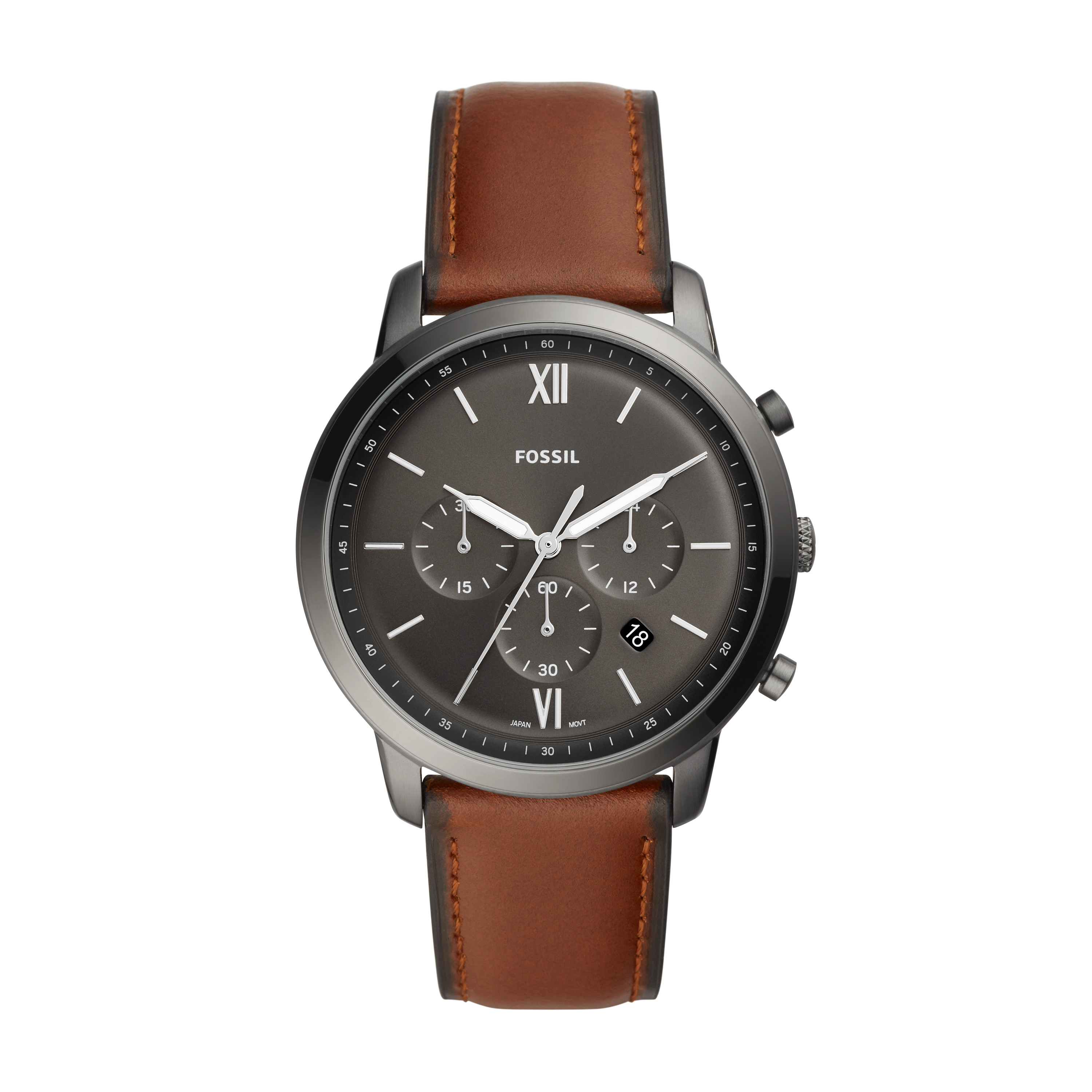 Montre Fossil acier inoxydable noir, bracelet en cuir brun, cadran noir