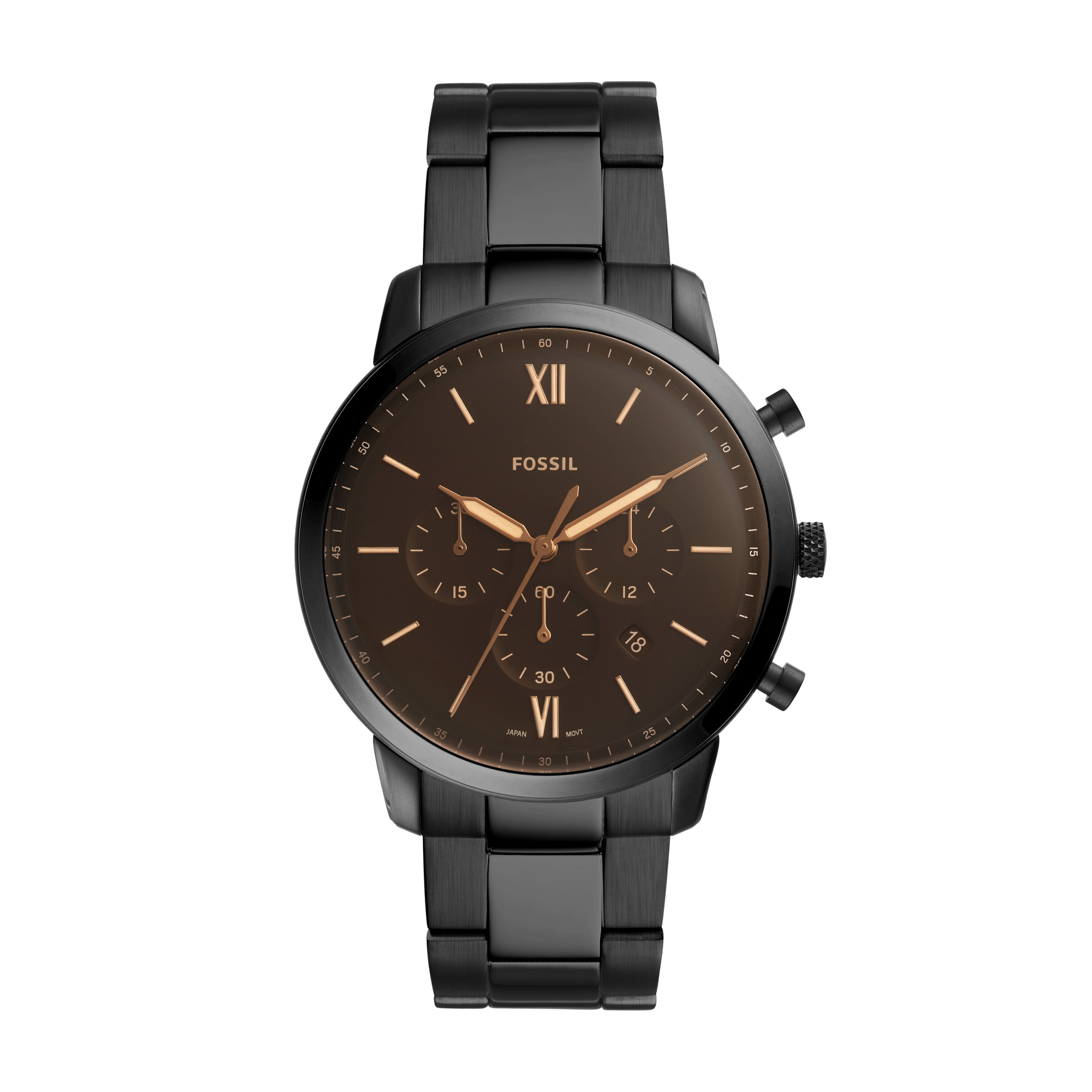 Fossil black stainless steel watch, brown dial