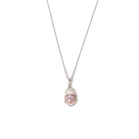 Pendentif scarabée, argent rhodié, perle culture rose