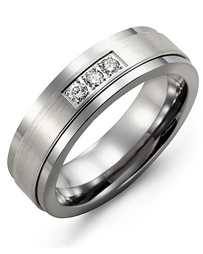 Jonc tungstène, or blanc 10 carats, 6 points de diamant total, 7 millimètres - MDG710TW-6R - Madani