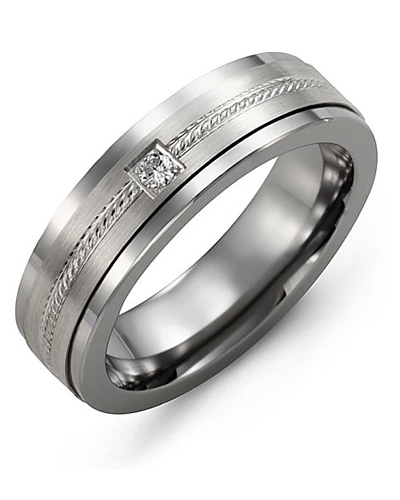 Jonc tungstène, or blanc 10 carats, diamant de 5 points, 9 millimètres - MDO910TW-5R - Madani