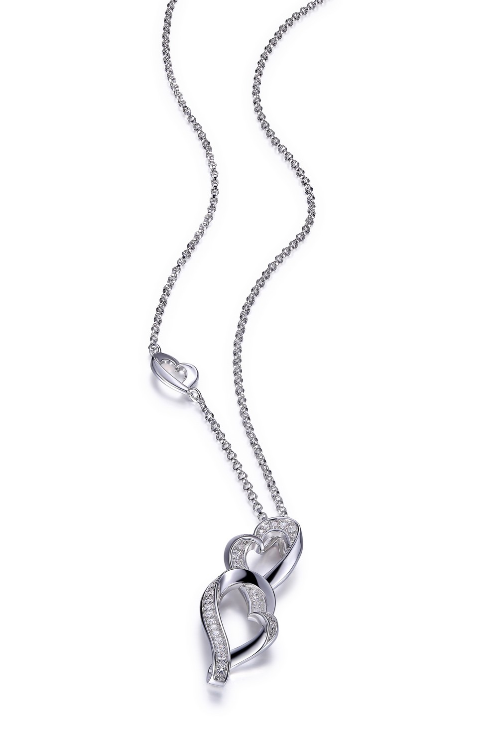 Collier coeurs argent rhodié, zircons incolores