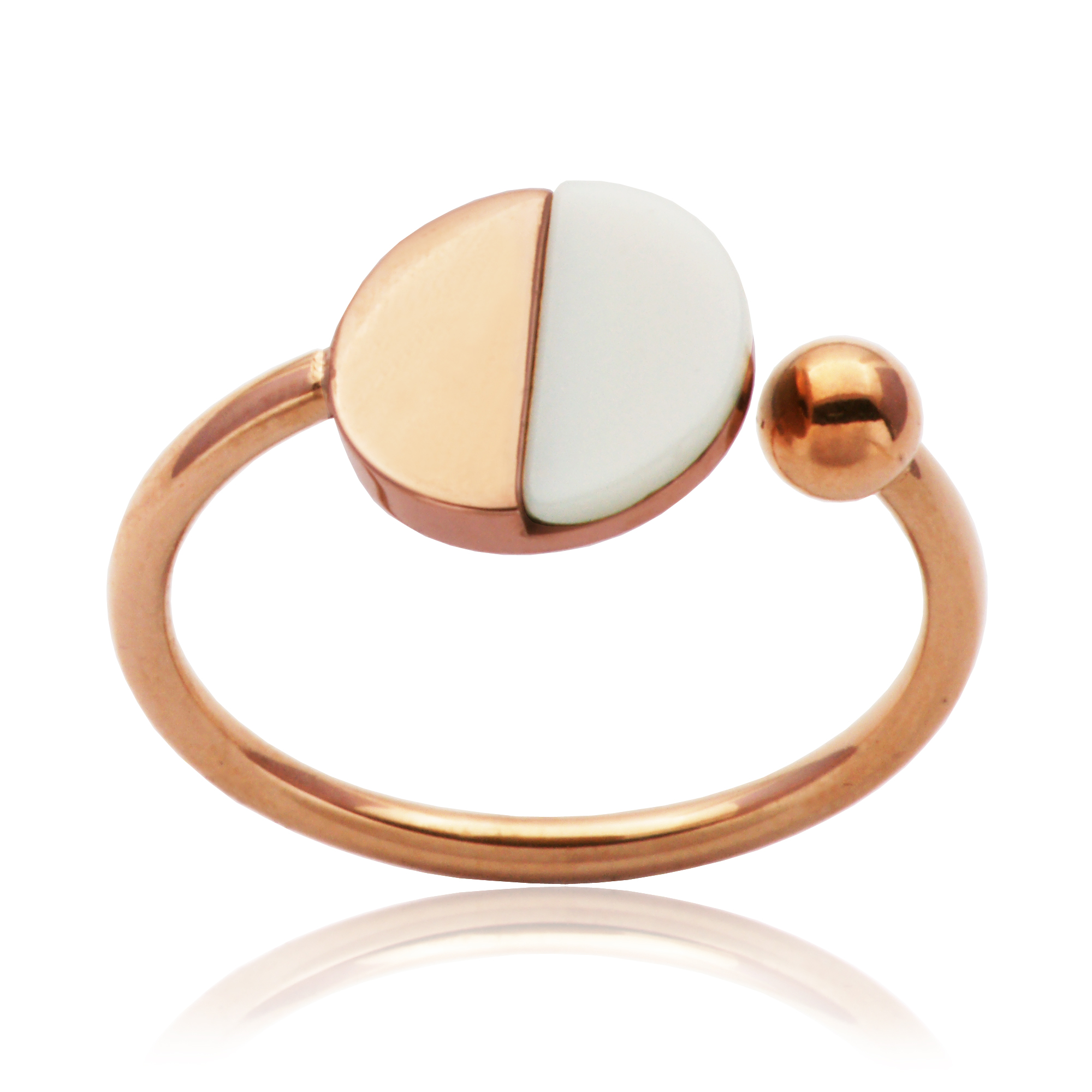 Bague acier rosé, quartz blanc Bague acier rosé, quartz blanc