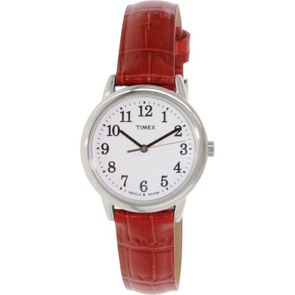 Montre cuir rouge, métal, fond blanc